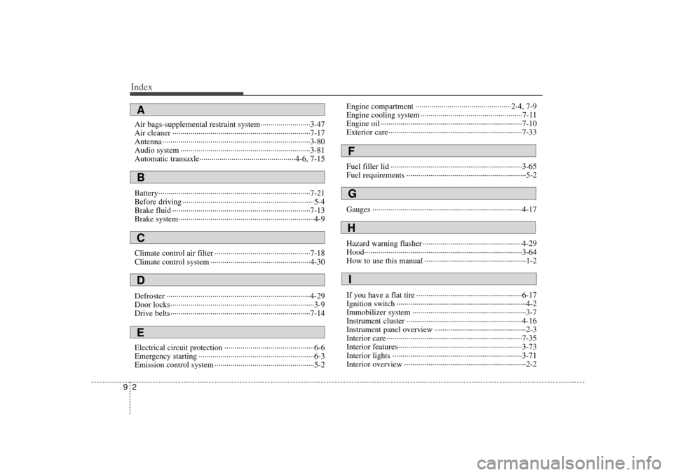 KIA Rio 2007 2.G User Guide Index29Air bags-supplemental restraint system··················\
·······3-47
Air cleaner ··················\
··················\
·····