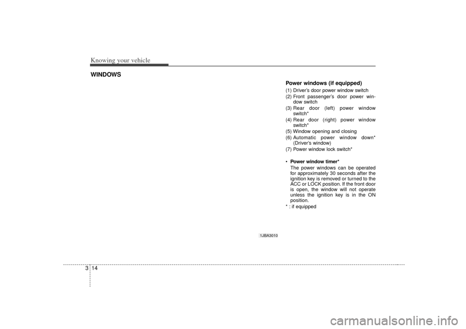 KIA Rio 2007 2.G Owners Guide Knowing your vehicle14
3
Power windows (if equipped)(1) Driver’s door power window switch
(2) Front passenger’s door power win-
dow switch
(3)  Rear door (left) power window
switch*
(4)  Rear door