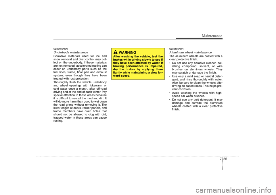 KIA Carens 2007 2.G Owners Manual 755
Maintenance
G230105AUNUnderbody maintenanceCorrosive materials used for ice and
snow removal and dust control may col-
lect on the underbody. If these materials
are not removed, accelerated rustin