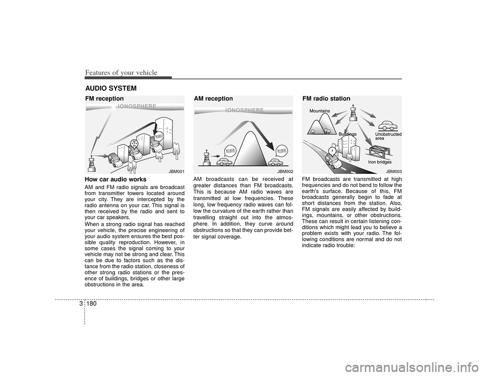 KIA Sedona 2007 2.G Owners Manual Features of your vehicle180
3How car audio worksAM and FM radio signals are broadcast
from transmitter towers located around
your city. They are intercepted by the
radio antenna on your car. This sign KIA Sedona 2007 2.G Owners Manual Features of your vehicle180
3How car audio worksAM and FM radio signals are broadcast
from transmitter towers located around
your city. They are intercepted by the
radio antenna on your car. This sign