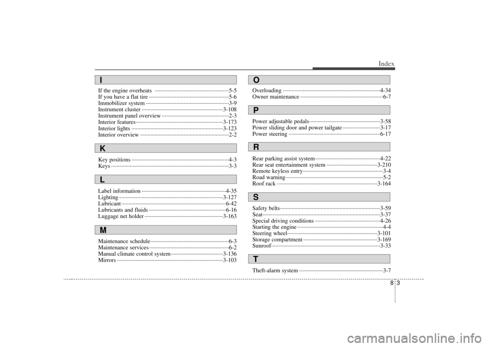 KIA Sedona 2007 2.G Owners Manual 83
Index
If the engine overheats ··················\
··················\
···············5-5
If you have a flat tire ················ KIA Sedona 2007 2.G Owners Manual 83
Index
If the engine overheats ··················\
··················\
···············5-5
If you have a flat tire ················