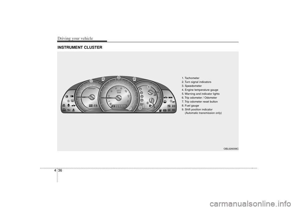 KIA Sorento 2007 1.G Service Manual Driving your vehicle36
4INSTRUMENT CLUSTER
ESC
ESC
1. Tachometer
2. Turn signal indicators
3. Speedometer
4. Engine temperature gauge
5. Warning and indicator lights
6. Trip odometer / Odometer
7. Tri