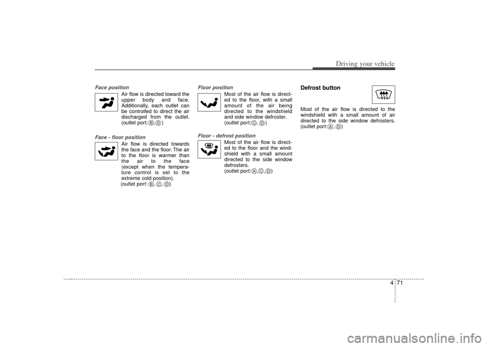 KIA Sorento 2007 1.G Owners Manual 471
Driving your vehicle
Face position 
Air flow is directed toward theupper body and face.
Additionally, each outlet can be controlled to direct the air
discharged from the outlet.
(outlet port: ,   