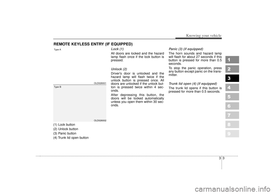KIA Spectra 2007 2.G Owners Manual 33
1
2
3
4
5
6
7
8
9
Knowing your vehicle
(1) Lock button
(2) Unlock button
(3) Panic button
(4) Trunk lid open button
Lock (1)All doors are locked and the hazard
lamp flash once if the lock button is