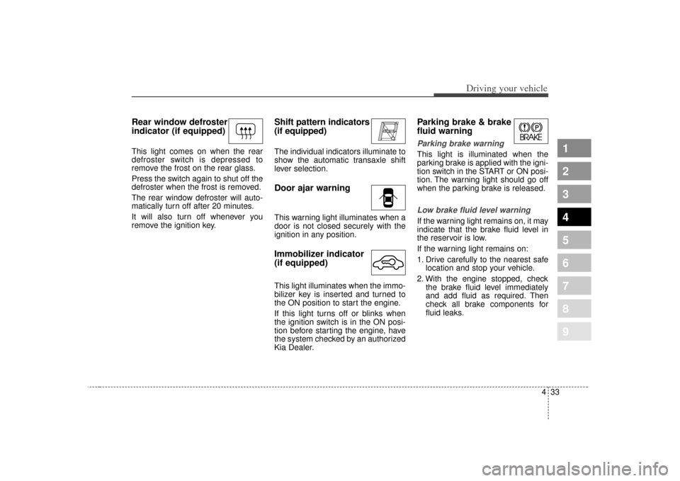 KIA Sephia 2007 2.G Service Manual 433
1
2
3
4
5
6
7
8
9
Driving your vehicle
Rear window defroster
indicator (if equipped) This light comes on when the rear
defroster switch is depressed to
remove the frost on the rear glass.
Press t KIA Sephia 2007 2.G Service Manual 433
1
2
3
4
5
6
7
8
9
Driving your vehicle
Rear window defroster
indicator (if equipped) This light comes on when the rear
defroster switch is depressed to
remove the frost on the rear glass.
Press t