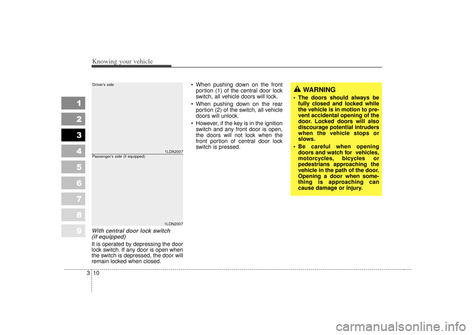 KIA Spectra 2007 2.G User Guide Knowing your vehicle10
3
1
2
3
4
5
6
7
8
9
With central door lock switch 
(if equipped)It is operated by depressing the door
lock switch. If any door is open when
the switch is depressed, the door wil