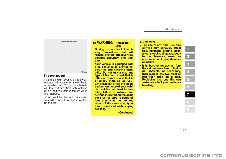 KIA Spectra 2007 2.G Owners Manual 731
Maintenance
1
2
3
4
5
6
7
8
9
Tire replacementIf the tire is worn evenly, a tread wear
indicator will appear as a solid band
across the tread. This shows there is
less than 1.6 mm (1/16 inch) of t
