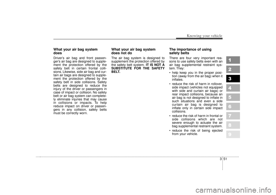 KIA Spectra 2007 2.G Repair Manual 351
1
2
3
4
5
6
7
8
9
Knowing your vehicle
What your air bag system
doesDriver’s air bag and front passen-
ger’ s air bag are designed to supple-
ment the protection offered by the
safety belt in KIA Spectra 2007 2.G Repair Manual 351
1
2
3
4
5
6
7
8
9
Knowing your vehicle
What your air bag system
doesDriver’s air bag and front passen-
ger’ s air bag are designed to supple-
ment the protection offered by the
safety belt in