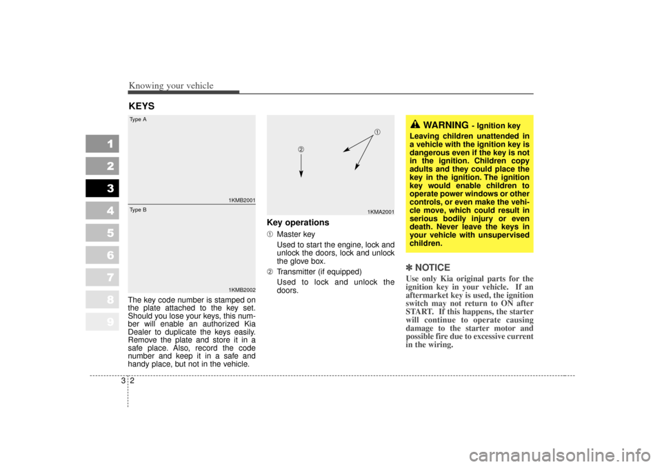 KIA Sportage 2007 JE_ / 2.G Owners Manual Knowing your vehicle23
1
2
3
4
5
6
7
8
9
The key code number is stamped on
the plate attached to the key set.
Should you lose your keys, this num-
ber will enable an authorized Kia
Dealer to duplicate