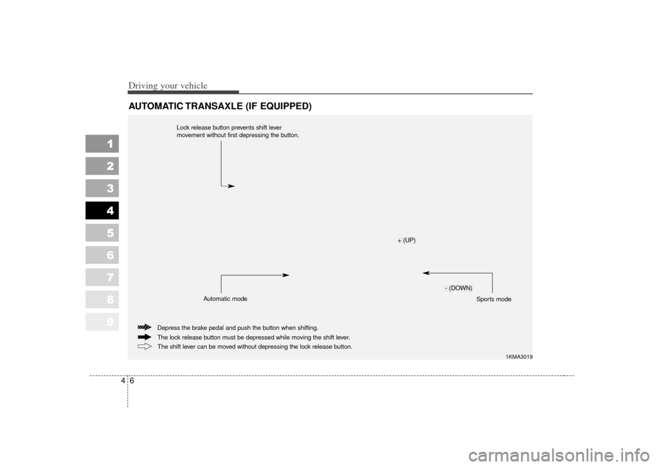 KIA Sportage 2007 JE_ / 2.G Owners Manual 1
2
3
4
5
6
7
8
9
Driving your vehicle64AUTOMATIC TRANSAXLE (IF EQUIPPED)
1KMA3019
The lock release button must be depressed while moving the shift lever. Depress the brake pedal and push the button w