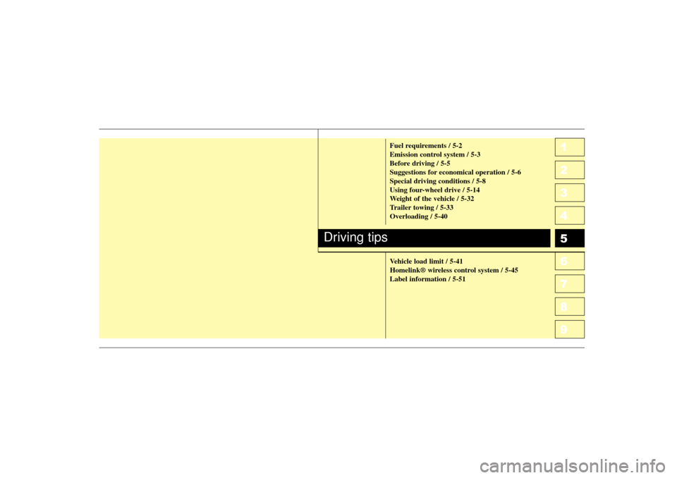 KIA Sportage 2007 JE_ / 2.G Owners Manual 1
2
3
4
5
6
7
8
9
Fuel requirements / 5-2
Emission control system / 5-3
Before driving / 5-5
Suggestions for economical operation / 5-6
Special driving conditions / 5-8
Using four-wheel drive / 5-14
W