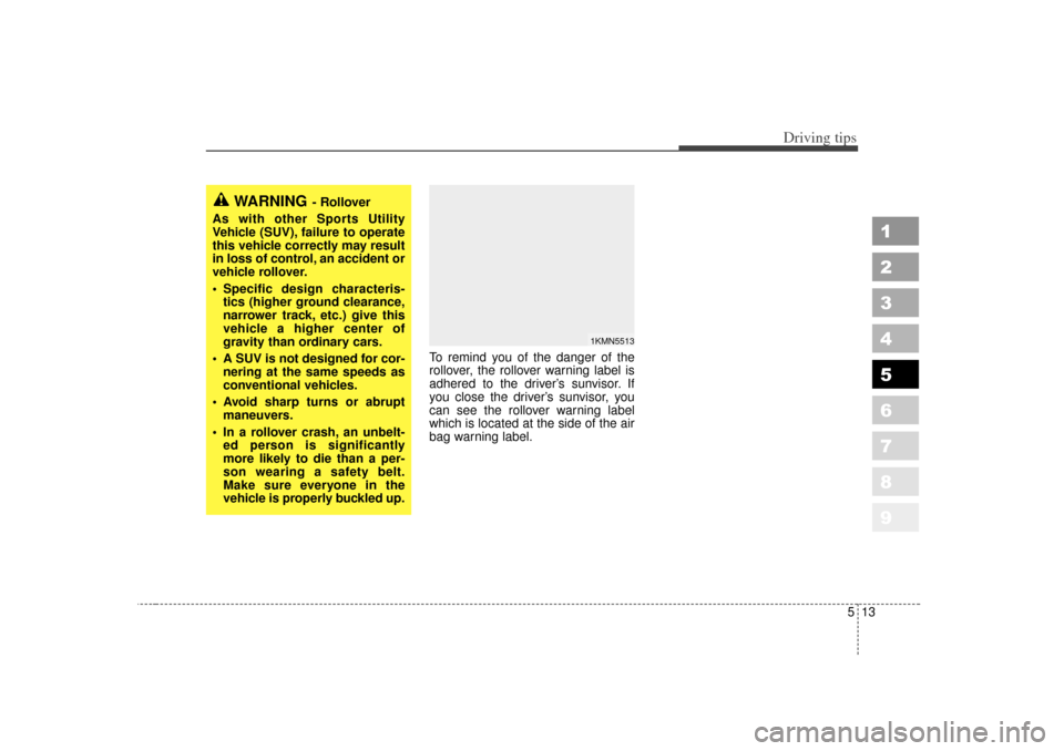 KIA Sportage 2007 JE_ / 2.G Owners Manual 513
Driving tips
1
2
3
4
5
6
7
8
9
To remind you of the danger of the
rollover, the rollover warning label is
adhered to the driver’s sunvisor. If
you close the driver’s sunvisor, you
can see the KIA Sportage 2007 JE_ / 2.G Owners Manual 513
Driving tips
1
2
3
4
5
6
7
8
9
To remind you of the danger of the
rollover, the rollover warning label is
adhered to the driver’s sunvisor. If
you close the driver’s sunvisor, you
can see the