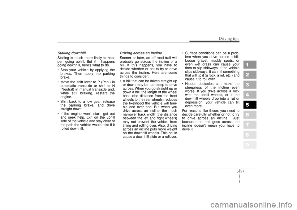 KIA Sportage 2007 JE_ / 2.G Owners Manual 527
Driving tips
1
2
3
4
5
6
7
8
9
Stalling downhillStalling is much more likely to hap-
pen going uphill. But if it happens
going downhill, here’s what to do.
Stop your vehicle by applying thebra KIA Sportage 2007 JE_ / 2.G Owners Manual 527
Driving tips
1
2
3
4
5
6
7
8
9
Stalling downhillStalling is much more likely to hap-
pen going uphill. But if it happens
going downhill, here’s what to do.
Stop your vehicle by applying thebra