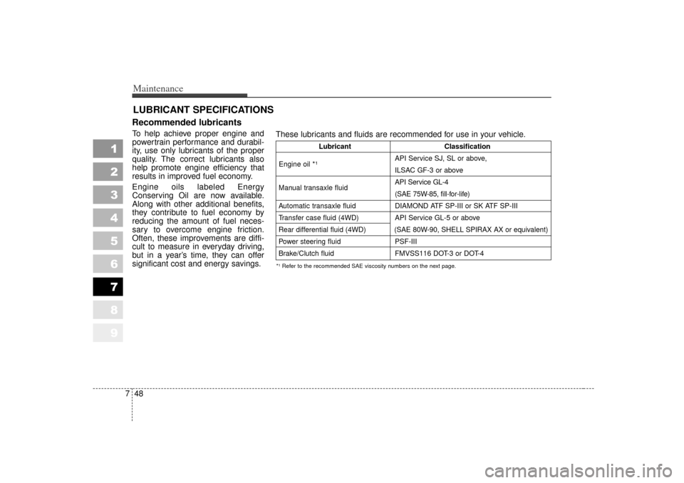 KIA Sportage 2007 JE_ / 2.G Owners Manual Maintenance48
7
1
2
3
4
5
6
7
8
9
LUBRICANT SPECIFICATIONSRecommended lubricants  To help achieve proper engine and
powertrain performance and durabil-
ity, use only lubricants of the proper
quality. 