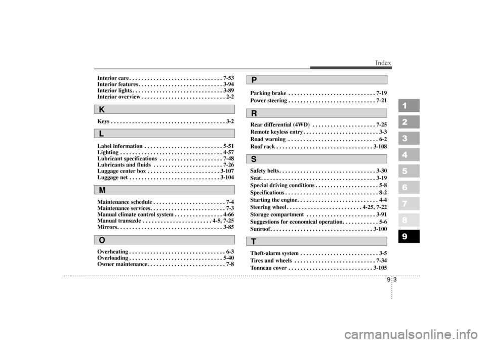 KIA Sportage 2007 JE_ / 2.G Owners Manual 93
1
2
3
4
5
6
7
8
9
Index
Interior care . . . . . . . . . . . . . . . . . . . . . . . . . . . . . . . 7-53
Interior features . . . . . . . . . . . . . . . . . . . . . . . . . . . . 3-94
Interior ligh