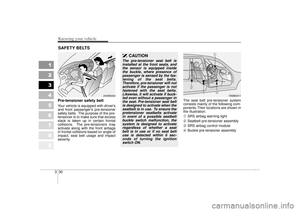 KIA Sportage 2007 JE_ / 2.G Owners Manual Knowing your vehicle30
3
1
2
3
4
5
6
7
8
9
Pre-tensioner safety belt Your vehicle is equipped with drivers
and front passengers pre-tensioner
safety belts. The purpose of the pre-
tensioner is to ma