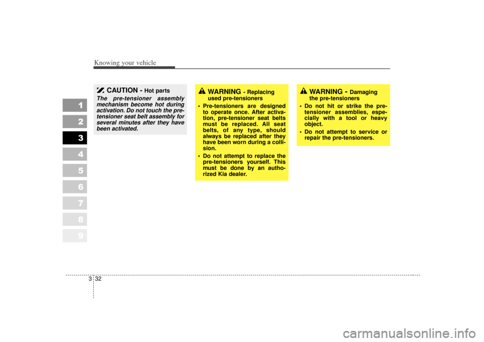 KIA Sportage 2007 JE_ / 2.G Owners Manual Knowing your vehicle32
3
1
2
3
4
5
6
7
8
9
WARNING
- Replacing
used pre-tensioners
 Pre-tensioners are designed to operate once. After activa-
tion, pre-tensioner seat belts
must be replaced. All sea