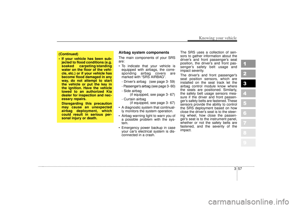 KIA Sportage 2007 JE_ / 2.G Owners Manual 357
1
2
3
4
5
6
7
8
9
Knowing your vehicle
Airbag system components  The main components of your SRS
are:
 To indicate that your vehicle isequipped with airbags, the corre-
sponding airbag covers are