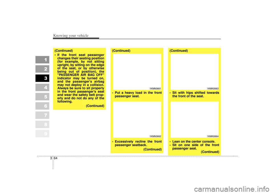 KIA Sportage 2007 JE_ / 2.G Manual PDF Knowing your vehicle64
3
1
2
3
4
5
6
7
8
9
(Continued)
If the front seat passenger
changes their seating position
(for example, by not sitting
upright, by sitting on the edge
of the seat, or by othe KIA Sportage 2007 JE_ / 2.G Manual PDF Knowing your vehicle64
3
1
2
3
4
5
6
7
8
9
(Continued)
If the front seat passenger
changes their seating position
(for example, by not sitting
upright, by sitting on the edge
of the seat, or by othe
