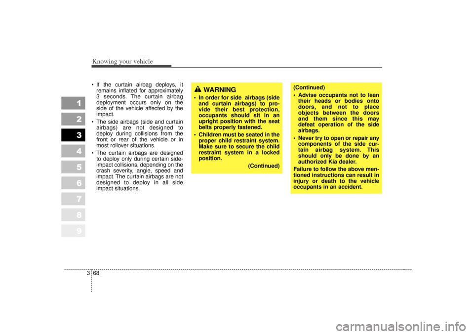 KIA Sportage 2007 JE_ / 2.G Manual PDF Knowing your vehicle68
3
1
2
3
4
5
6
7
8
9
If the curtain airbag deploys, it
remains inflated for approximately
3 seconds. The curtain airbag
deployment occurs only on the
side of the vehicle affect KIA Sportage 2007 JE_ / 2.G Manual PDF Knowing your vehicle68
3
1
2
3
4
5
6
7
8
9
If the curtain airbag deploys, it
remains inflated for approximately
3 seconds. The curtain airbag
deployment occurs only on the
side of the vehicle affect