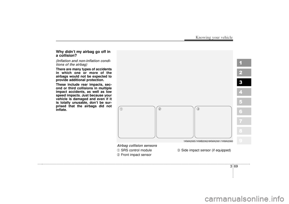KIA Sportage 2007 JE_ / 2.G Manual PDF 369
1
2
3
4
5
6
7
8
9
Knowing your vehicle
Why didn’t my airbag go off in
a collision? (Inflation and non-inflation condi-tions of the airbag)There are many types of accidents
in which one or more o KIA Sportage 2007 JE_ / 2.G Manual PDF 369
1
2
3
4
5
6
7
8
9
Knowing your vehicle
Why didn’t my airbag go off in
a collision? (Inflation and non-inflation condi-tions of the airbag)There are many types of accidents
in which one or more o