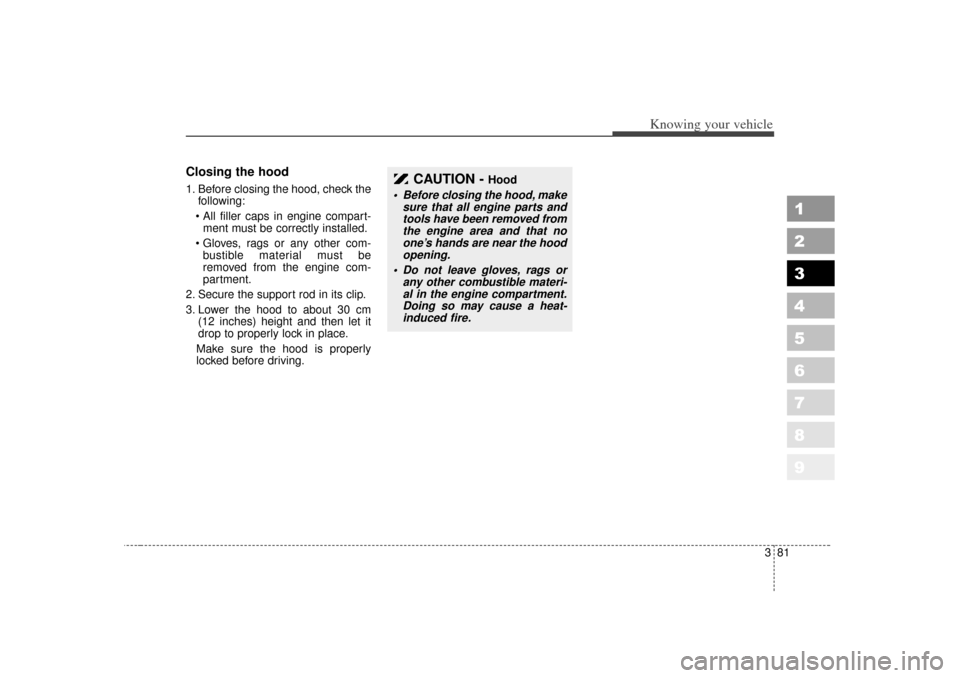 KIA Sportage 2007 JE_ / 2.G Owners Manual 381
1
2
3
4
5
6
7
8
9
Knowing your vehicle
Closing the hood1. Before closing the hood, check thefollowing:
 All filler caps in engine compart- ment must be correctly installed.
 Gloves, rags or any 