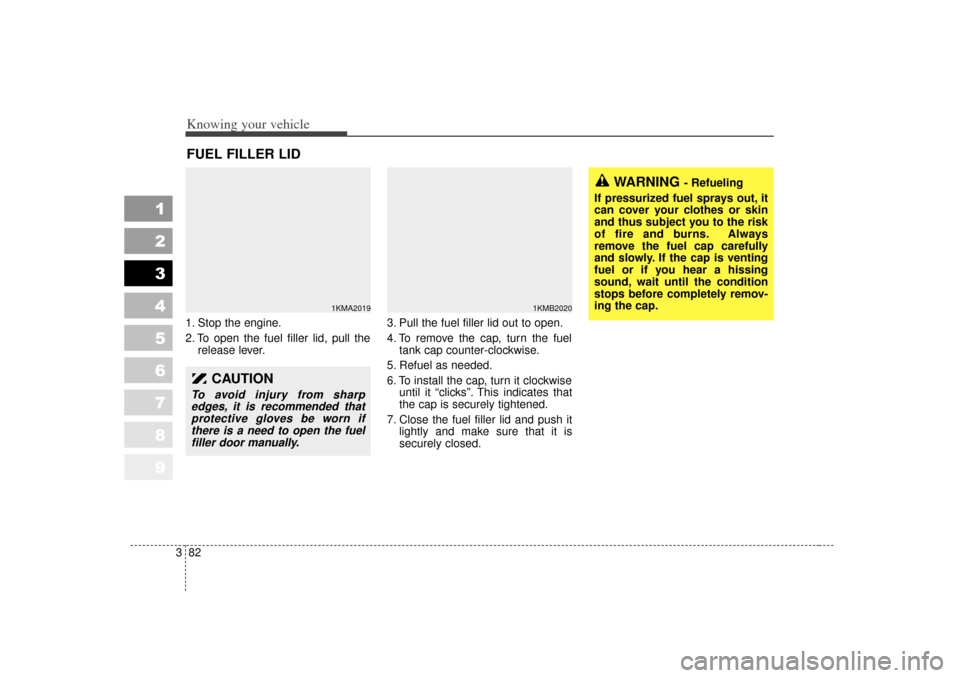 KIA Sportage 2007 JE_ / 2.G Owners Manual Knowing your vehicle82
3
1
2
3
4
5
6
7
8
9
1. Stop the engine.
2. To open the fuel filler lid, pull the
release lever. 3. Pull the fuel filler lid out to open.
4. To remove the cap, turn the fuel
tank KIA Sportage 2007 JE_ / 2.G Owners Manual Knowing your vehicle82
3
1
2
3
4
5
6
7
8
9
1. Stop the engine.
2. To open the fuel filler lid, pull the
release lever. 3. Pull the fuel filler lid out to open.
4. To remove the cap, turn the fuel
tank