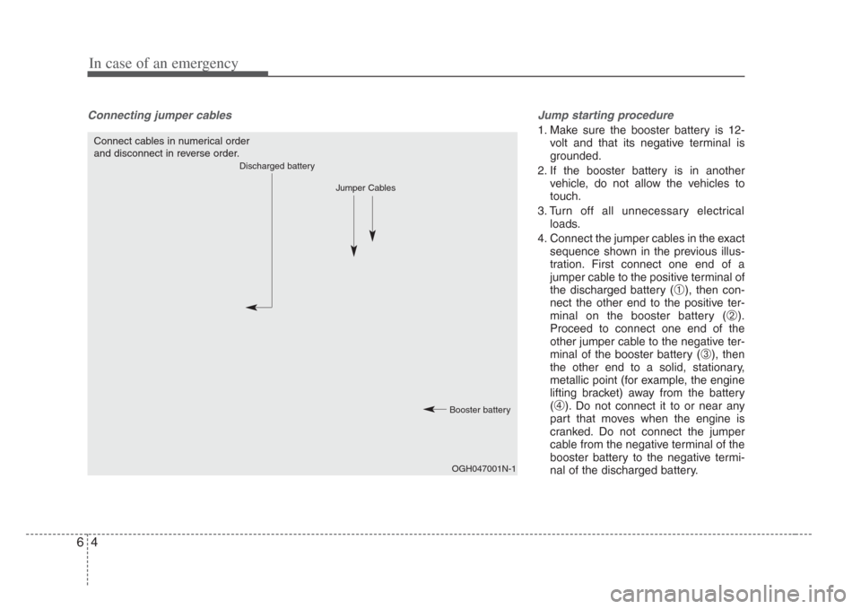 KIA Amanti 2008 1.G Owners Guide In case of an emergency
46
Connecting jumper cables    Jump starting procedure 
1. Make sure the booster battery is 12-
volt and that its negative terminal is
grounded.
2. If the booster battery is in