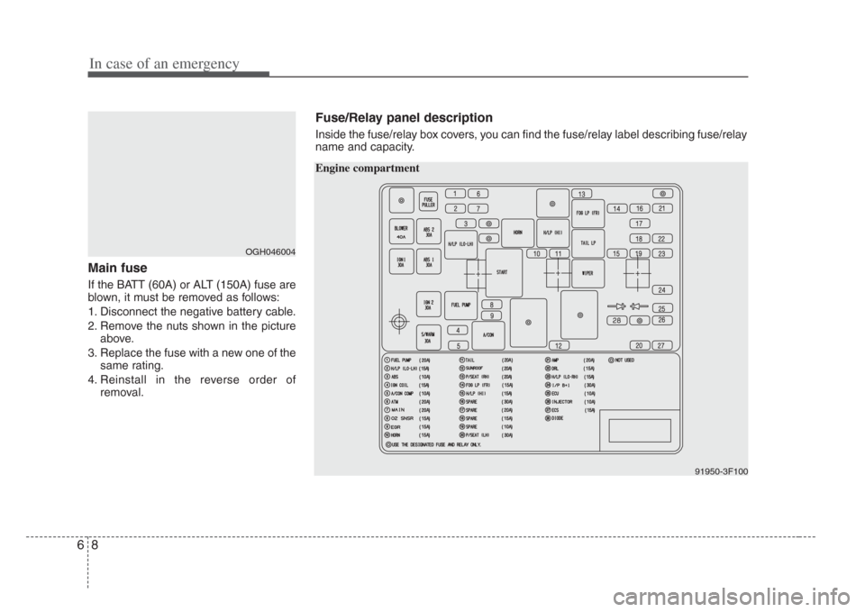 KIA Amanti 2008 1.G Owners Manual In case of an emergency
86
Main fuse
If the BATT (60A) or ALT (150A) fuse are
blown, it must be removed as follows:
1. Disconnect the negative battery cable.
2. Remove the nuts shown in the pictureabo