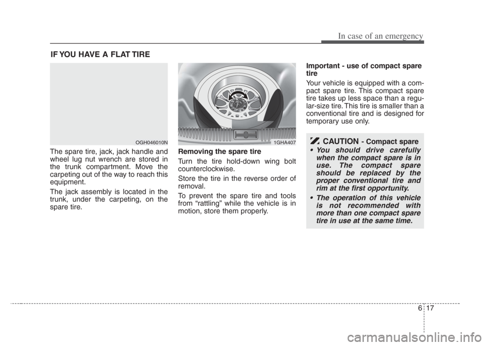 KIA Amanti 2008 1.G Owners Manual 617
In case of an emergency
IF YOU HAVE A FLAT TIRE 
The spare tire, jack, jack handle and
wheel lug nut wrench are stored in
the trunk compartment. Move the
carpeting out of the way to reach this
equ