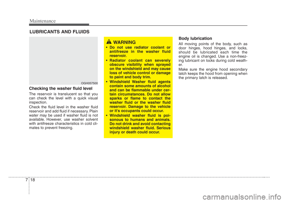KIA Amanti 2008 1.G Owners Manual Maintenance
187
LUBRICANTS AND FLUIDS 
Checking the washer fluid level  
The reservoir is translucent so that you
can check the level with a quick visual
inspection.
Check the fluid level in the washe