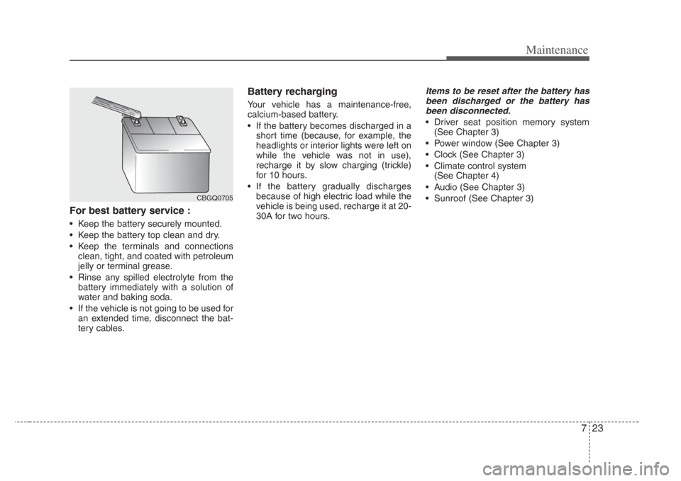 KIA Opirus 2008 1.G Owners Manual 723
Maintenance
For best battery service :
• Keep the battery securely mounted.
• Keep the battery top clean and dry.
• Keep the terminals and connectionsclean, tight, and coated with petroleum
