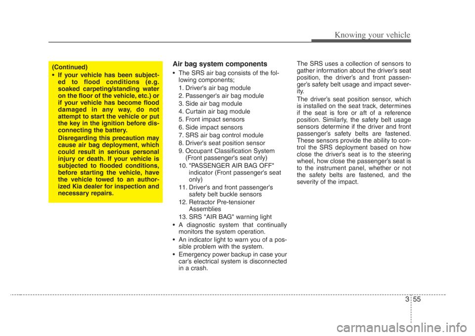 KIA Amanti 2008 1.G Owners Manual 355
Knowing your vehicle
Air bag system components  
• The SRS air bag consists of the fol-lowing components;
1. Drivers air bag module
2. Passengers air bag module
3. Side air bag module
4. Curta