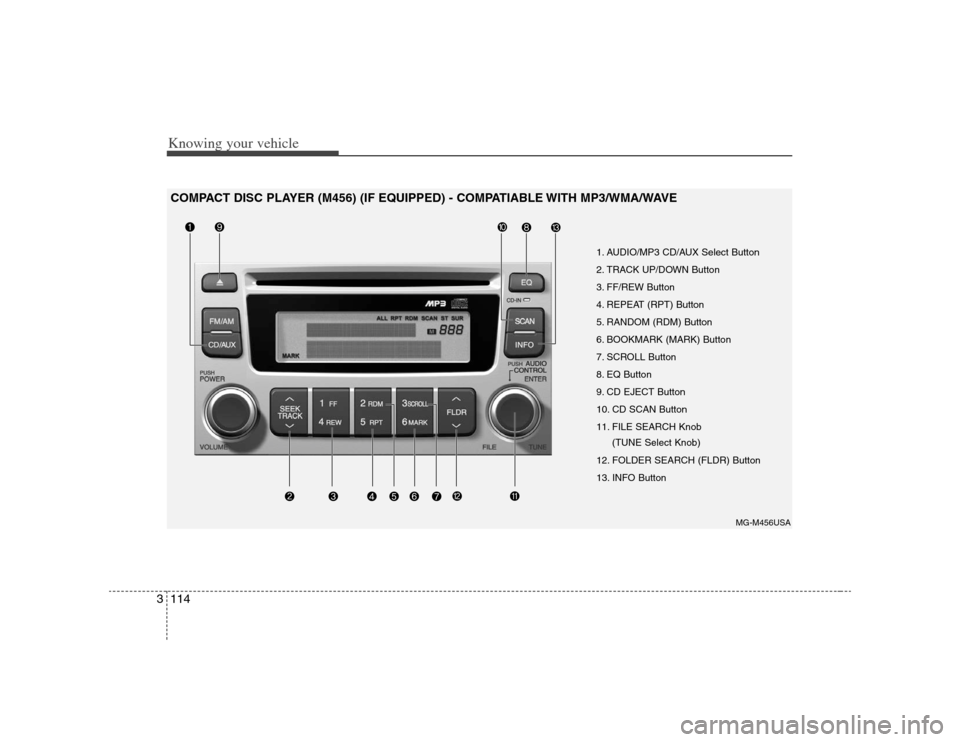 KIA Optima 2008 2.G Owners Manual Knowing your vehicle114 3
1. AUDIO/MP3 CD/AUX Select Button
2. TRACK UP/DOWN Button
3. FF/REW Button
4. REPEAT (RPT) Button
5. RANDOM (RDM) Button
6. BOOKMARK (MARK) Button
7. SCROLL Button
8. EQ Butt KIA Optima 2008 2.G Owners Manual Knowing your vehicle114 3
1. AUDIO/MP3 CD/AUX Select Button
2. TRACK UP/DOWN Button
3. FF/REW Button
4. REPEAT (RPT) Button
5. RANDOM (RDM) Button
6. BOOKMARK (MARK) Button
7. SCROLL Button
8. EQ Butt
