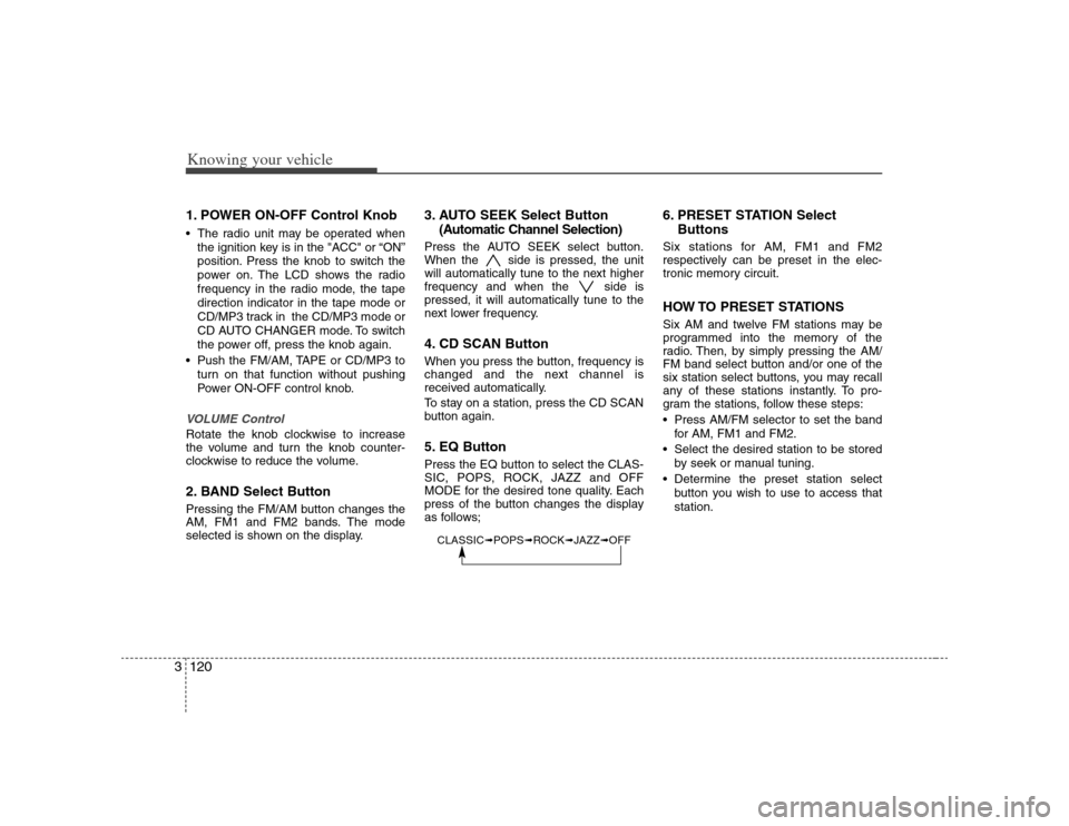 KIA Optima 2008 2.G Owners Manual Knowing your vehicle120 31. POWER ON-OFF Control Knob The radio unit may be operated when
the ignition key is in the "ACC" or “ON”
position. Press the knob to switch the
power on. The LCD shows th