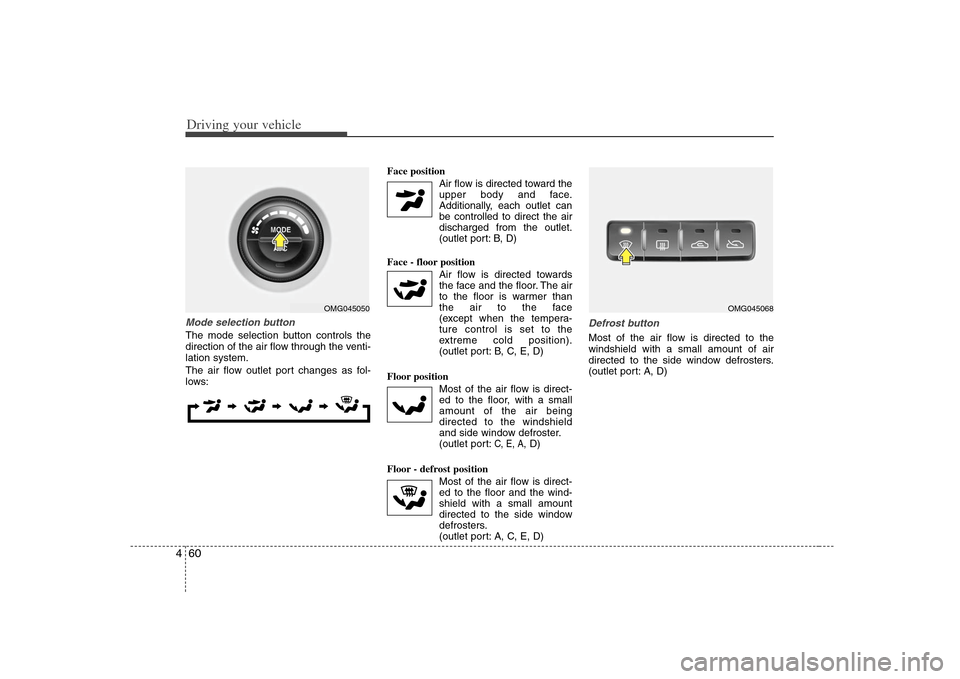 KIA Optima 2008 2.G Owners Manual Driving your vehicle60 4Mode selection button The mode selection button controls the
direction of the air flow through the venti-
lation system.
The air flow outlet port changes as fol-
lows:Face pos KIA Optima 2008 2.G Owners Manual Driving your vehicle60 4Mode selection button The mode selection button controls the
direction of the air flow through the venti-
lation system.
The air flow outlet port changes as fol-
lows:Face pos