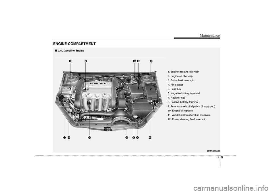 KIA Optima 2008 2.G Owners Manual
79
Maintenance
ENGINE COMPARTMENT
OMG077001
1. Engine coolant reservoir
2. Engine oil filler cap
3. Brake fluid reservoir
4. Air cleaner
5. Fuse box
6. Negative battery terminal
7. Radiator cap
8. P KIA Optima 2008 2.G Owners Manual
79
Maintenance
ENGINE COMPARTMENT
OMG077001
1. Engine coolant reservoir
2. Engine oil filler cap
3. Brake fluid reservoir
4. Air cleaner
5. Fuse box
6. Negative battery terminal
7. Radiator cap
8. P