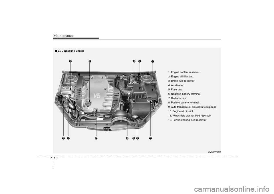 KIA Optima 2008 2.G Owners Manual
Maintenance10
7
OMG077002
1. Engine coolant reservoir
2. Engine oil filler cap
3. Brake fluid reservoir
4. Air cleaner
5. Fuse box
6. Negative battery terminal
7. Radiator cap
8. Positive battery ter KIA Optima 2008 2.G Owners Manual
Maintenance10
7
OMG077002
1. Engine coolant reservoir
2. Engine oil filler cap
3. Brake fluid reservoir
4. Air cleaner
5. Fuse box
6. Negative battery terminal
7. Radiator cap
8. Positive battery ter