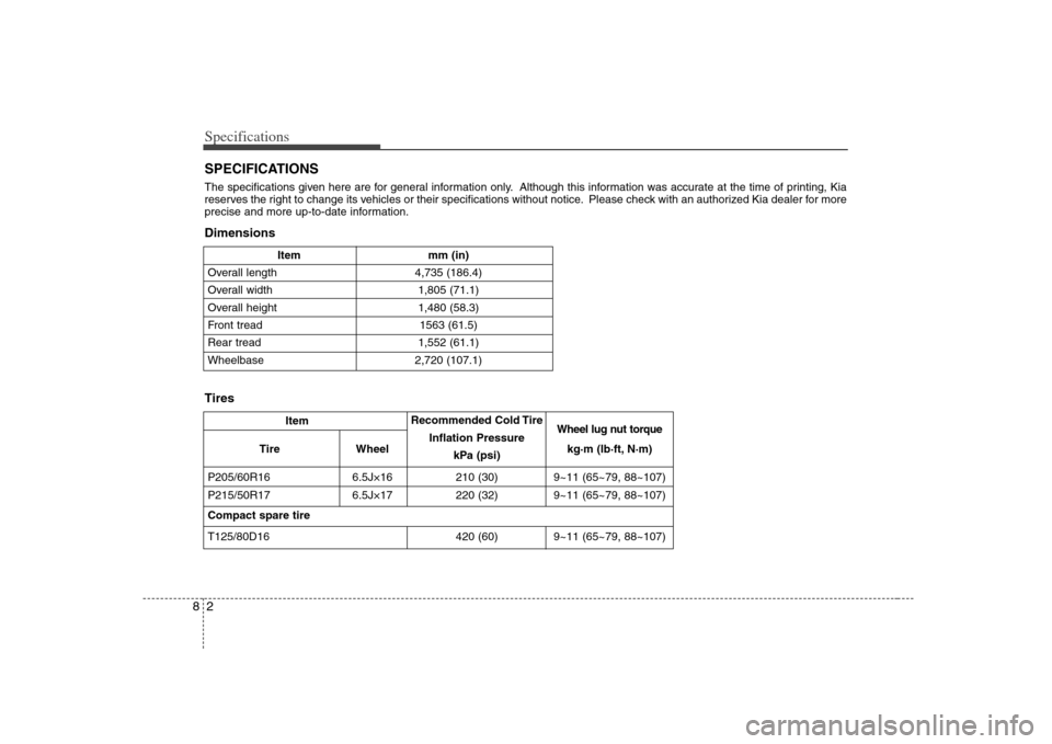 KIA Optima 2008 2.G Owners Manual Specifications2 8
Item mm (in)
Overall length 4,735 (186.4)
Overall width 1,805 (71.1)
Overall height  1,480 (58.3)
Front tread 1563 (61.5)
Rear tread 1,552 (61.1)
Wheelbase 2,720 (107.1)
SPECIFICATIO