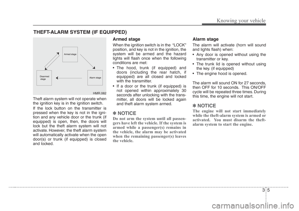 KIA Rio 2008 2.G Owners Manual 35
Knowing your vehicle
Theft alarm system will not operate when
the ignition key is in the ignition switch.
If the lock button on the transmitter is
pressed when the key is not in the igni-
tion and 