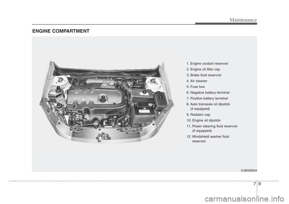KIA Rio 2008 2.G Owners Manual 79
Maintenance
ENGINE COMPARTMENT
OJB058004
1. Engine coolant reservoir
2. Engine oil filler cap
3. Brake fluid reservoir
4. Air cleaner
5. Fuse box
6. Negative battery terminal
7. Positive battery t KIA Rio 2008 2.G Owners Manual 79
Maintenance
ENGINE COMPARTMENT
OJB058004
1. Engine coolant reservoir
2. Engine oil filler cap
3. Brake fluid reservoir
4. Air cleaner
5. Fuse box
6. Negative battery terminal
7. Positive battery t