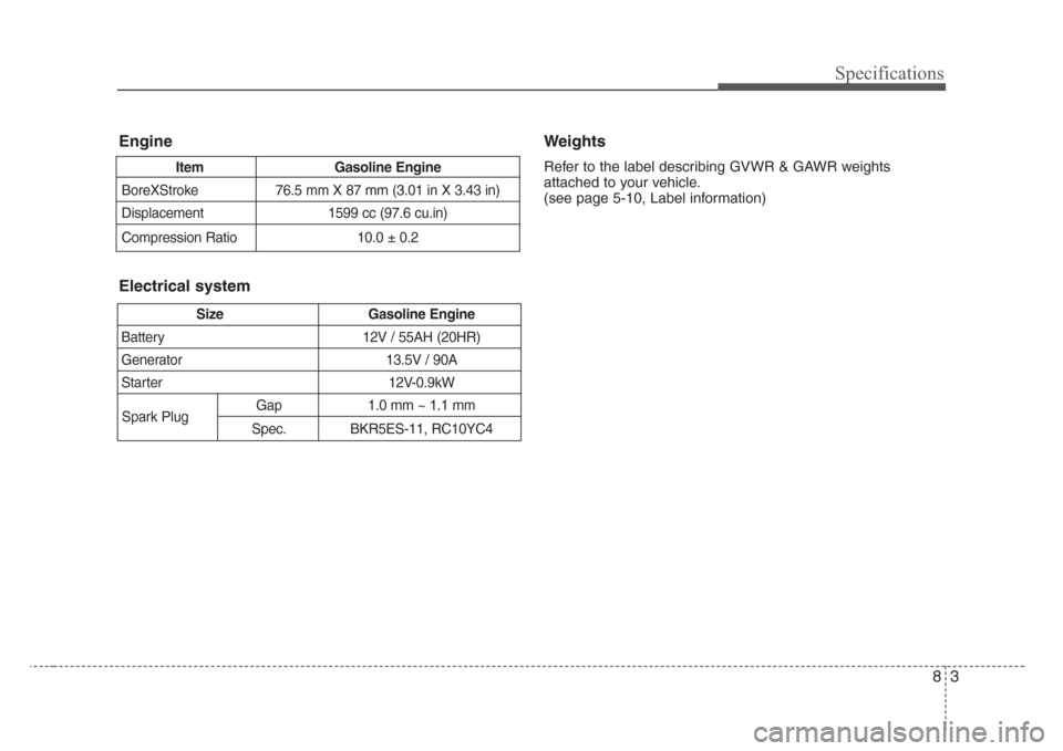 KIA Rio 2008 2.G Owners Manual 83
Specifications
Weights
Refer to the label describing GVWR & GAWR weights
attached to your vehicle.
(see page 5-10, Label information)
Size Gasoline Engine
Battery 12V / 55AH (20HR)
Generator 13.5V 