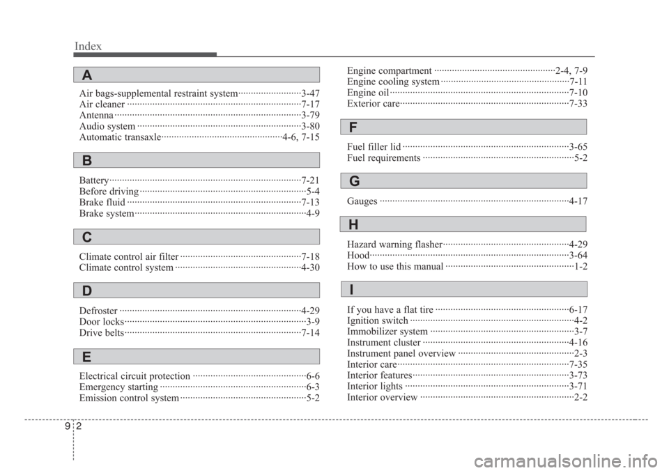 KIA Rio 2008 2.G Owners Manual Index
2 9
Air bags-supplemental restraint system·························3-47
Air cleaner ··········································�
