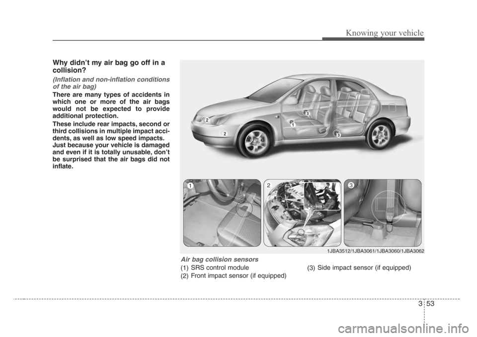 KIA Rio 2008 2.G Repair Manual 353
Knowing your vehicle
Why didn’t my air bag go off in a
collision?
(Inflation and non-inflation conditions
of the air bag)
There are many types of accidents in
which one or more of the air bags
w