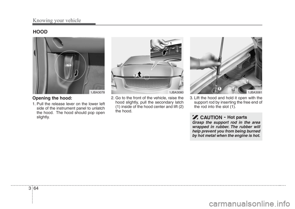KIA Rio 2008 2.G Manual PDF Knowing your vehicle
64 3
Opening the hood:
1. Pull the release lever on the lower left
side of the instrument panel to unlatch
the hood. The hood should pop open
slightly.2. Go to the front of the ve