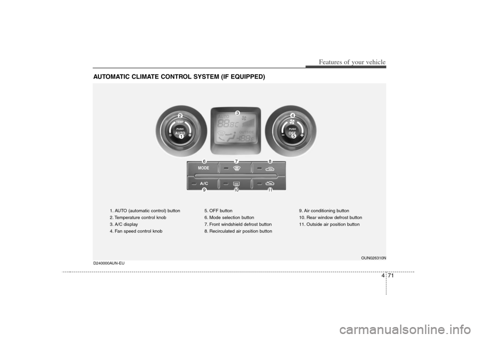 KIA Carens 2008 2.G Owners Manual 471
Features of your vehicle
AUTOMATIC CLIMATE CONTROL SYSTEM (IF EQUIPPED)
1. AUTO (automatic control) button
2. Temperature control knob
3. A/C display
4. Fan speed control knob5. OFF button
6. Mode