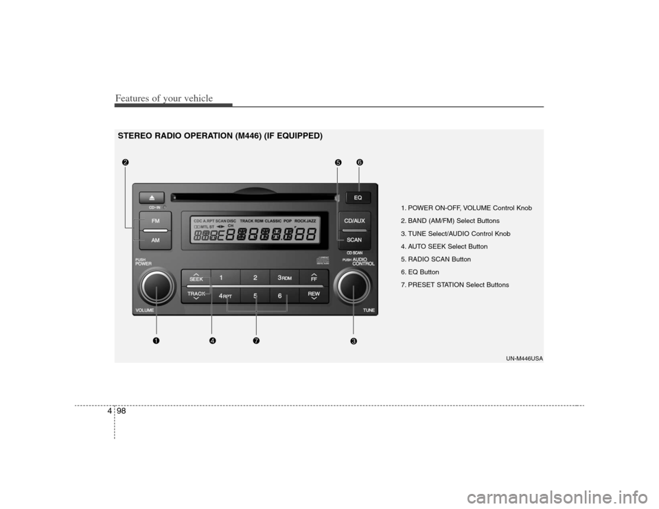 KIA Rondo 2008 2.G Owners Manual Features of your vehicle98 4
1. POWER ON-OFF, VOLUME Control Knob
2. BAND (AM/FM) Select Buttons 
3. TUNE Select/AUDIO Control Knob
4. AUTO SEEK Select Button
5. RADIO SCAN Button
6. EQ Button
7. PRES