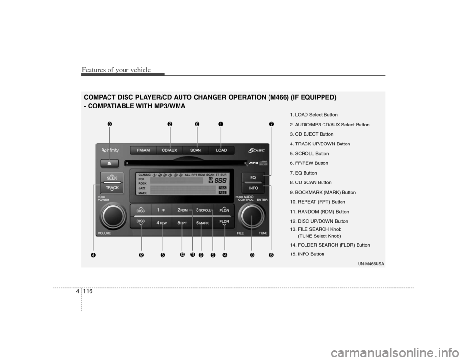 KIA Rondo 2008 2.G Owners Manual Features of your vehicle116 4COMPACT DISC PLAYER/CD AUTO CHANGER OPERATION (M466) (IF EQUIPPED)
- COMPATIABLE WITH MP3/WMA
UN-M466USA
1. LOAD Select Button
2. AUDIO/MP3 CD/AUX Select Button
3. CD EJEC KIA Rondo 2008 2.G Owners Manual Features of your vehicle116 4COMPACT DISC PLAYER/CD AUTO CHANGER OPERATION (M466) (IF EQUIPPED)
- COMPATIABLE WITH MP3/WMA
UN-M466USA
1. LOAD Select Button
2. AUDIO/MP3 CD/AUX Select Button
3. CD EJEC