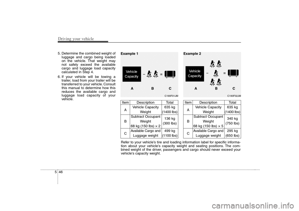 KIA Carens 2008 2.G Owners Manual Driving your vehicle46 55. Determine the combined weight of
luggage and cargo being loaded
on the vehicle. That weight may
not safely exceed the available
cargo and luggage load capacity
calculated in