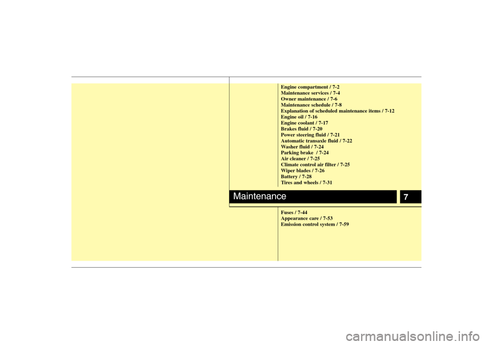 KIA Carens 2008 2.G User Guide 7
Engine compartment / 7-2
Maintenance services / 7-4
Owner maintenance / 7-6
Maintenance schedule / 7-8
Explanation of scheduled maintenance items / 7-12
Engine oil / 7-16
Engine coolant / 7-17
Brake